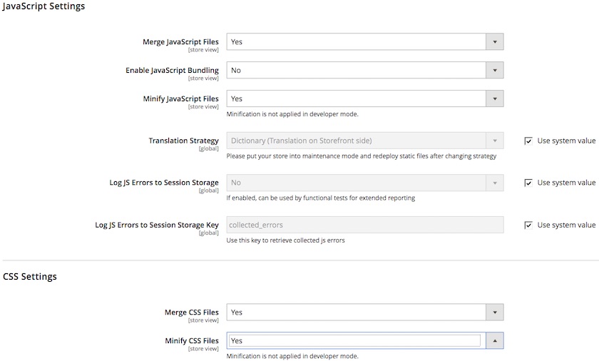 screenshot showing javascript section in the magento admin