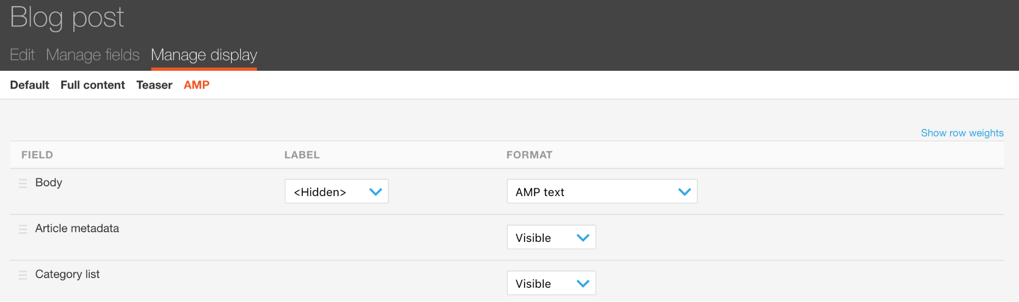 Screengrab within a CMS showing the selection of the AMP format