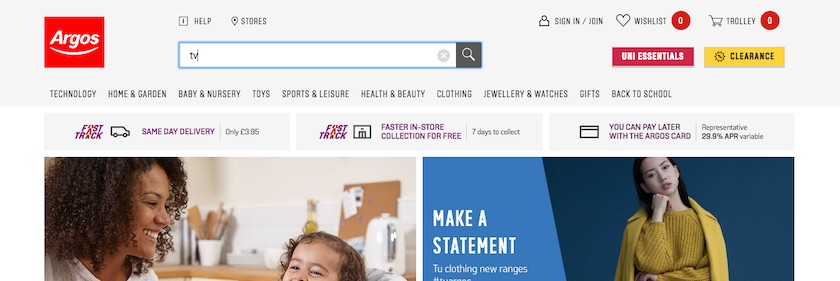 The Argos site displaying no results for 'TV'