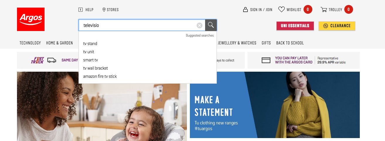 The Argos site showing results for 'Television'
