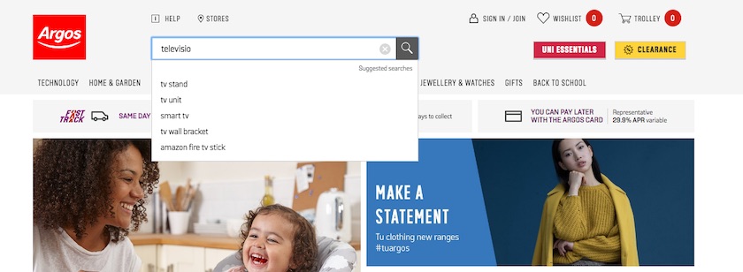 The Argos site showing results for 'Television'