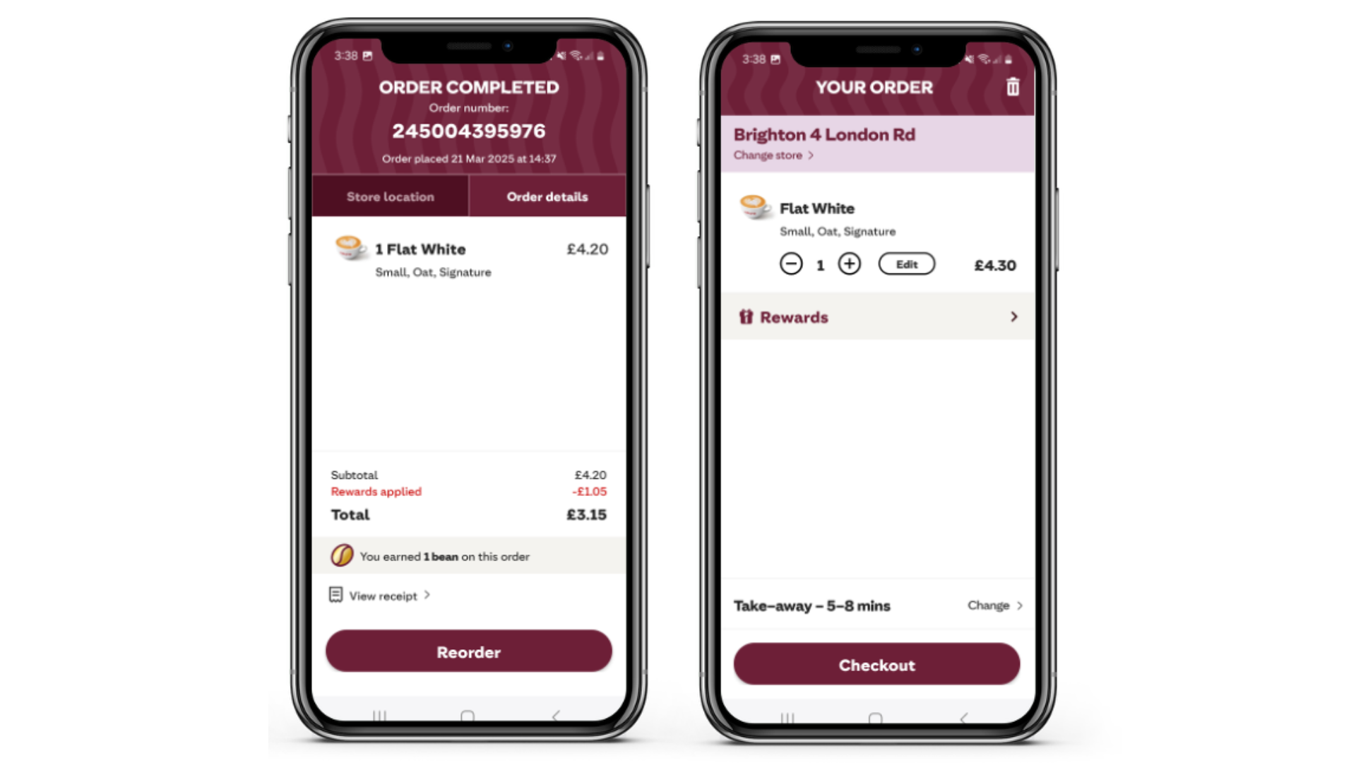 Costa's app showing how you can use a previous order to start a new one