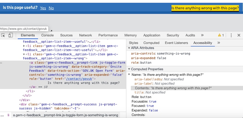 The Accessibility tab of Chrome Developer Tools, showing that the 'Is there something wrong with this page?' link has an aria-controls attribute pointing to the 'something-is-wrong' element, and an aria-expanded attribute set to false.