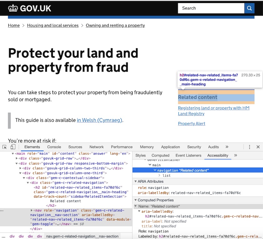 The Accessibility tab of Chrome Developer tools, showing that the 'Related content' heading has been correctly associated with the adjacent H2 heading.