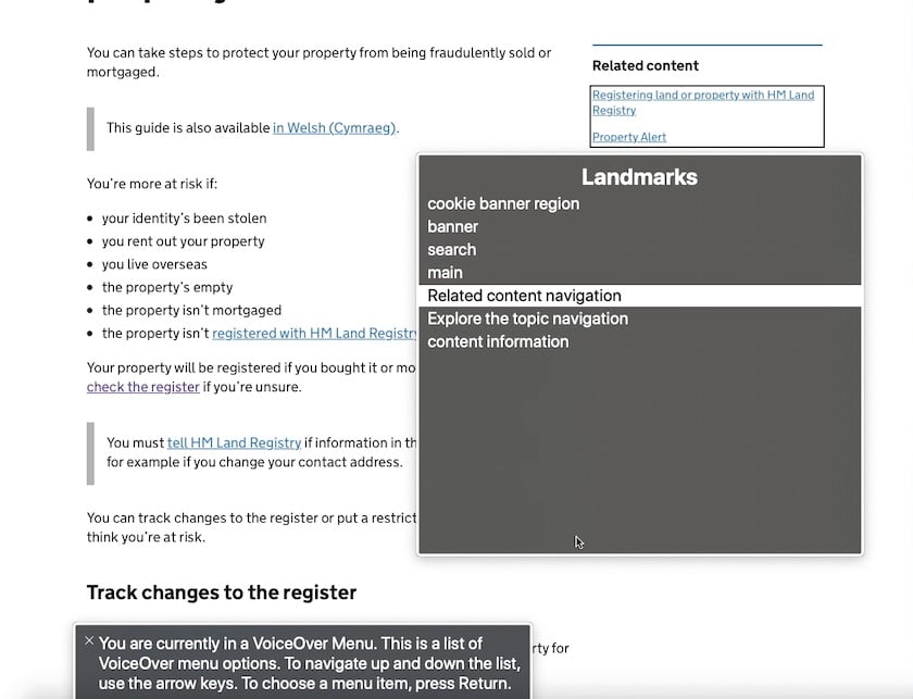 The Landmarks panel of the macOS VoiceOver Web Rotor, with the 'Related content navigation' item highlighted. The Related content navigation menu itself is highlighted on the page with a black border.