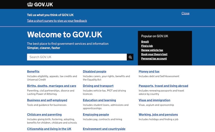 Screenshot of the Gov.uk Website