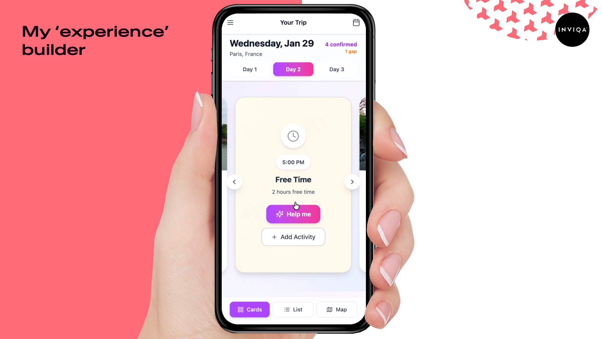 A prototype trip planner with 'free time' slots that can be ignored or filled with AI suggested activities