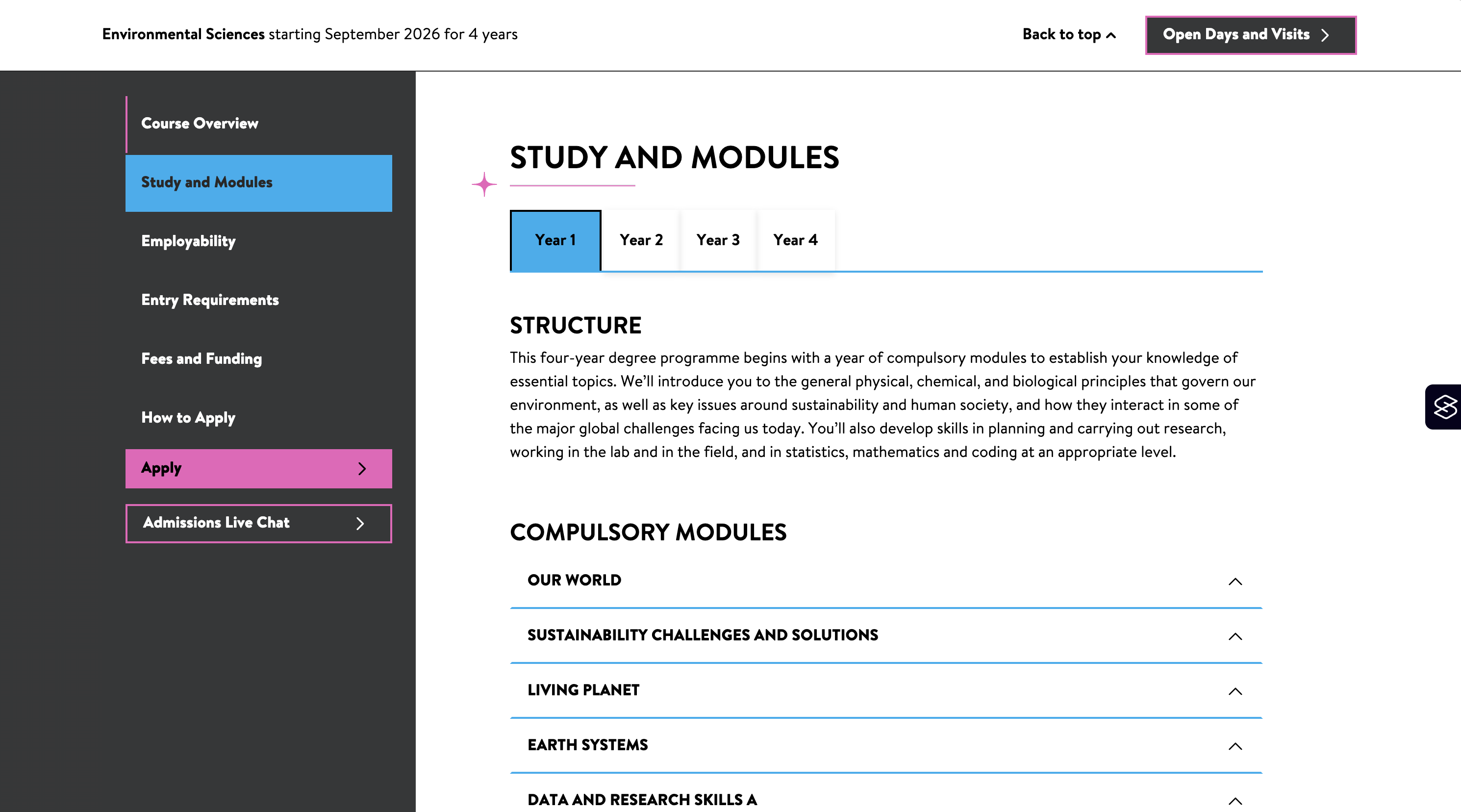 A screenshot of a webpage from the East Anglia University website showing the side panel navigation configuration on course pages which is something they do well compared to most other unis