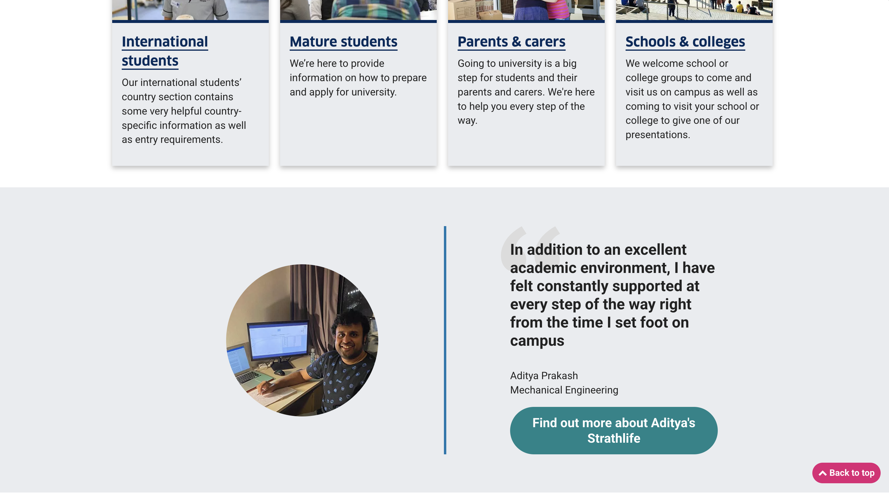 A screenshot of a webpage on the Strathclyde University website showing descriptive button copy that makes sense, even without the surrounding copy.
