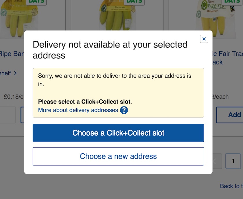 Screengrab of Tesco site showing a delivery flag