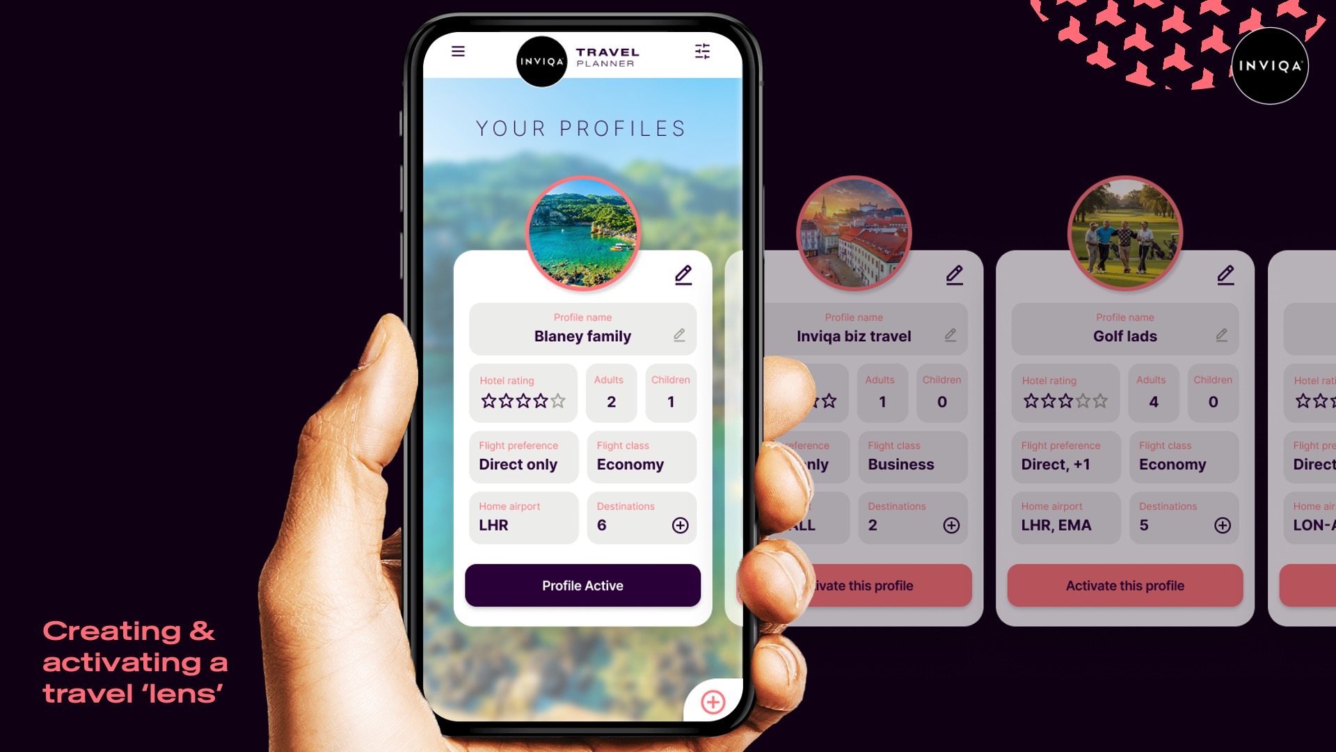 A prototype showing different travel personas to help funnel suggestions when trip planning
