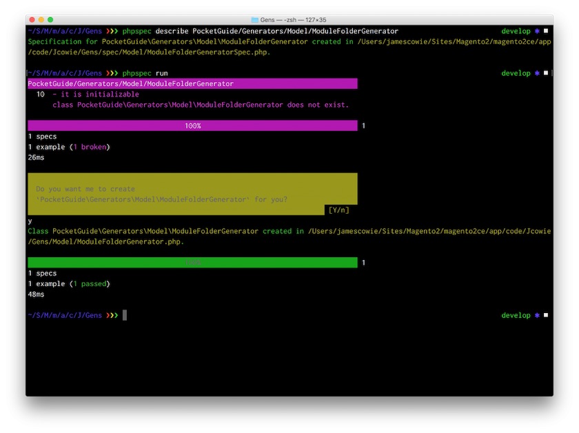 screenshot of terminal showing a new class