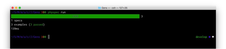 screenshot from terminal showing phpspec run as green