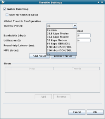 screenshot from Charles showing options for speed restrictions to simulate different kinds of network connection