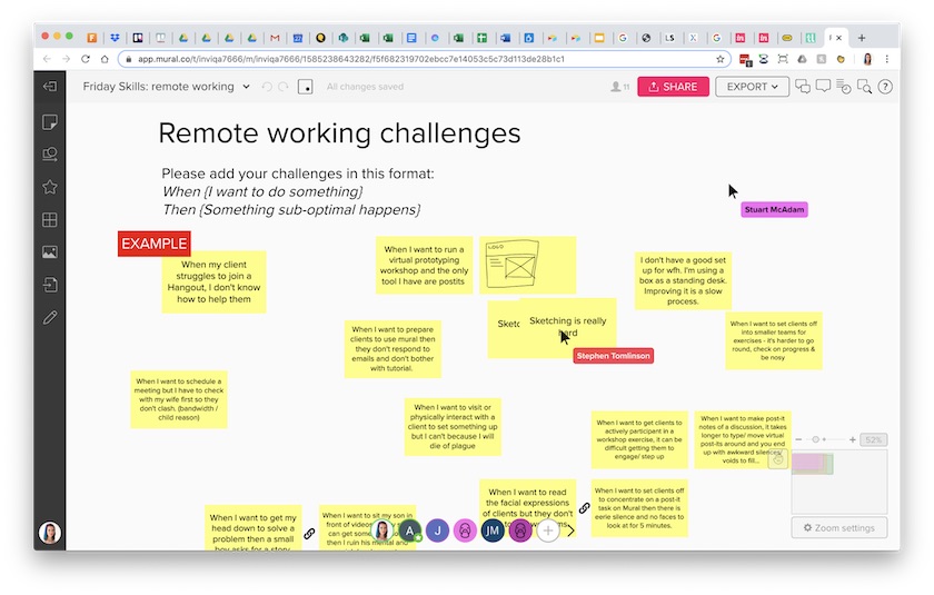 Mural board detailing remote working challenges ideas