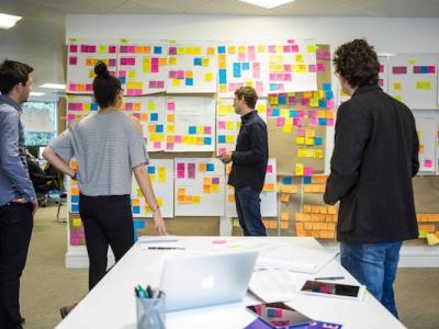 4 people at workshop facing whiteboards with post-it notes