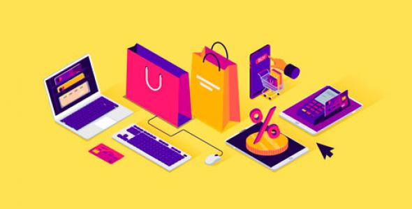 Laptop and shopping bags on a yellow background