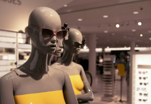 Two female mannequins modelling sunglasses. Or are they robots shopping for shades?