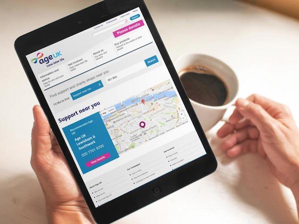 Age UK website tab to nearest location on a tablet