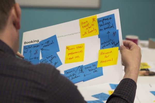 Man holding a paper full of post its