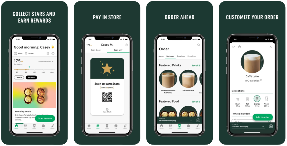 Starbucks app on 4 different mobile phone screens