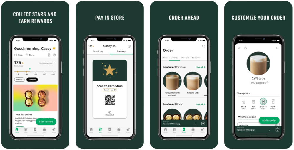 Starbucks app on 4 different mobile phone screens