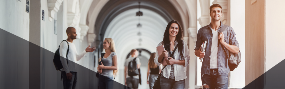 Image of students walking down hall with angled overlay